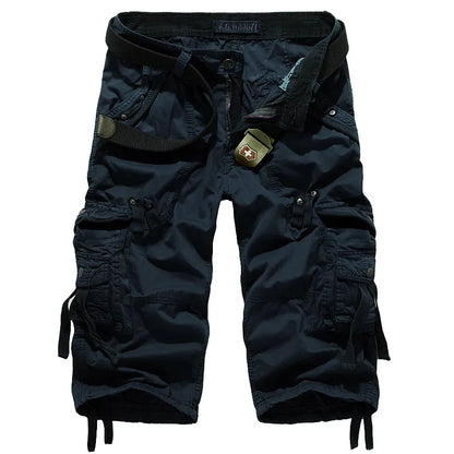 Men's casual multi-pocket pants in black color with multiple pockets and adjustable waistband.