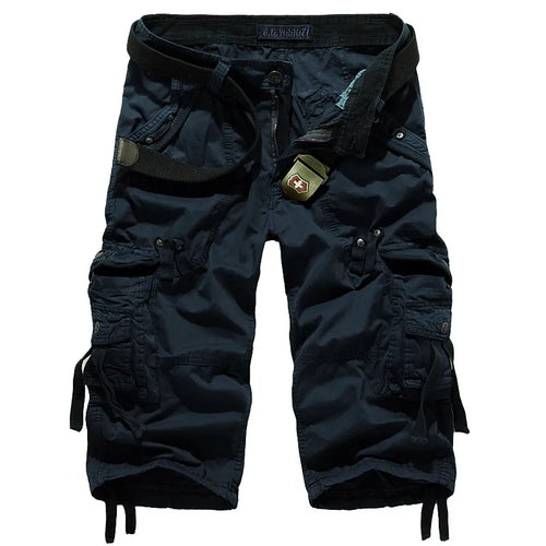 Men's casual multi-pocket pants in black color with multiple pockets and adjustable waistband.