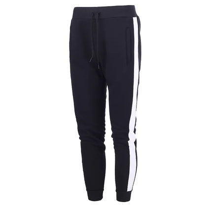 A pair of men's casual sports pants with stitching details on the side, made from polar fleece fabric.