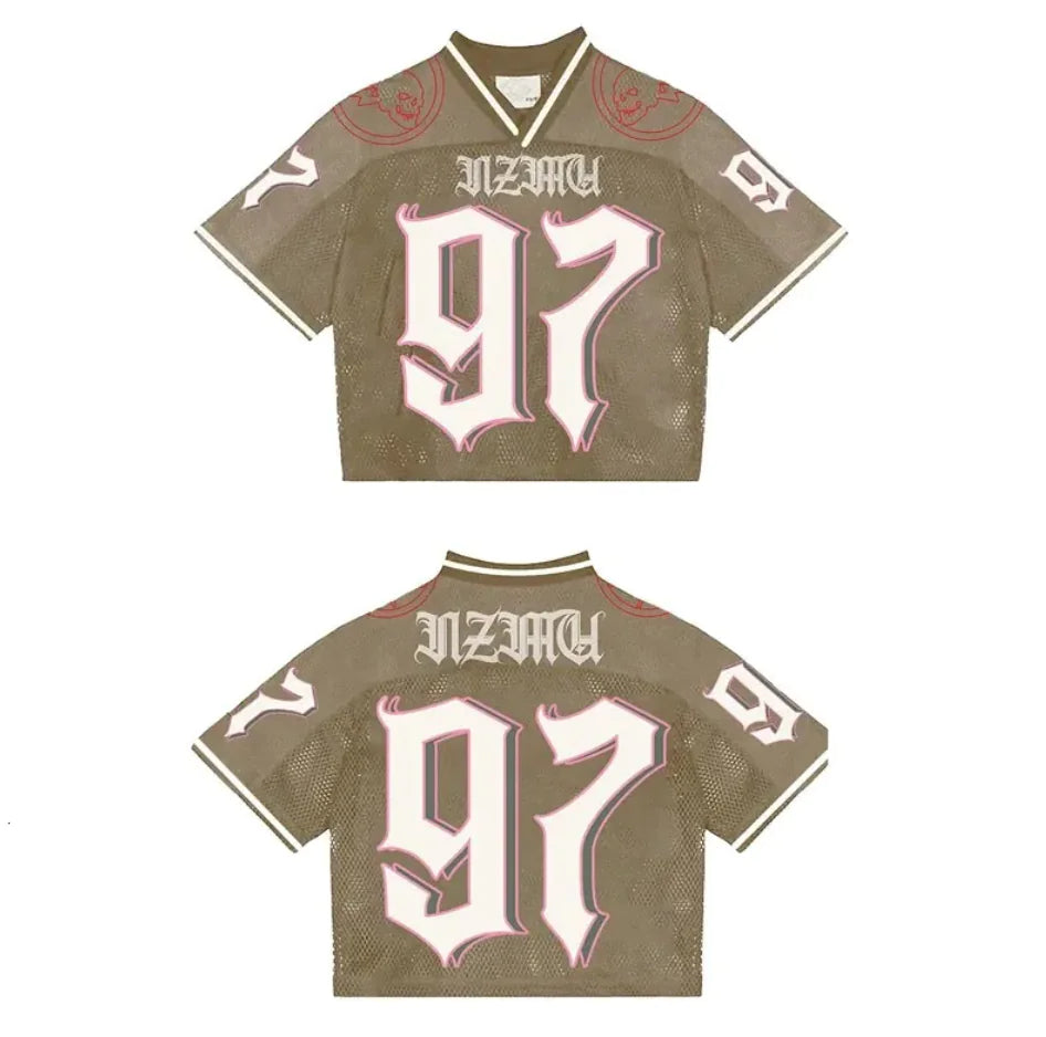 Two men's casual T-shirts with round neck, short sleeves, and digital print design in camouflage pattern with the number 97 and text on them.