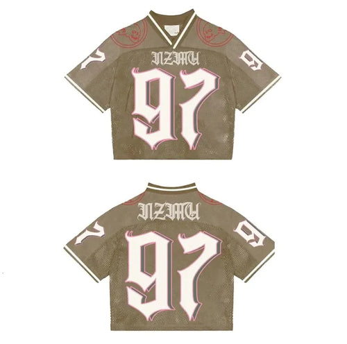 Two men's casual T-shirts with round neck, short sleeves, and digital print design in camouflage pattern with the number 97 and text on them.
