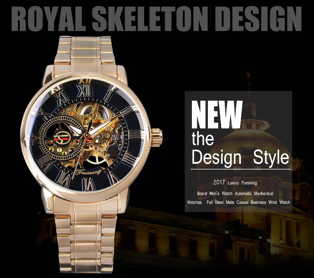A men's mechanical watch with a gold stainless steel band and a black dial featuring a royal skeleton design, displayed in promotional context with text highlighting its design style.