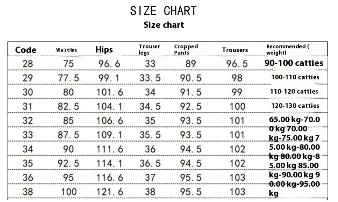 A size chart for Men's Ice Silk Business Casual Trousers, displaying trousers sizes in inches and recommended weights for 90-100 kg catties.