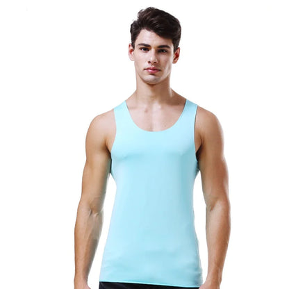 A man wearing a light blue sleeveless tank top.