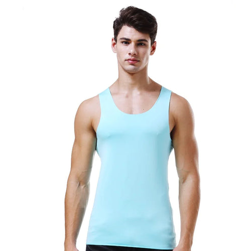 A man wearing a light blue sleeveless tank top.