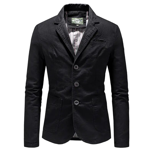 Men's solid color single breasted jacket in black color with a round hem and buttons