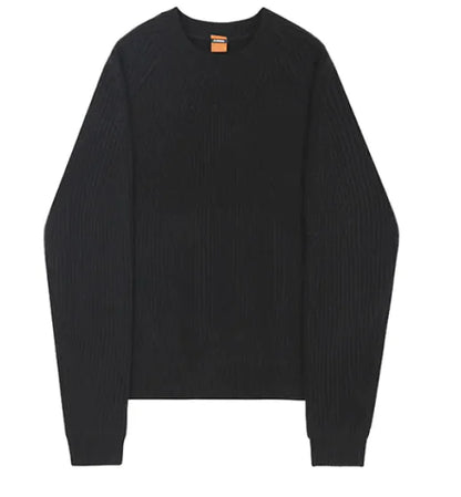 A black long-sleeved men's sweater coat with a round neckline, displayed against a plain background.