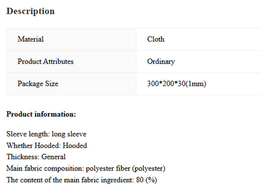 Product description of a men's hooded sports sweater in solid color, including material, product attributes, and package size.