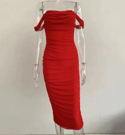 Tube top off shoulder pleated slit dress HejK.com