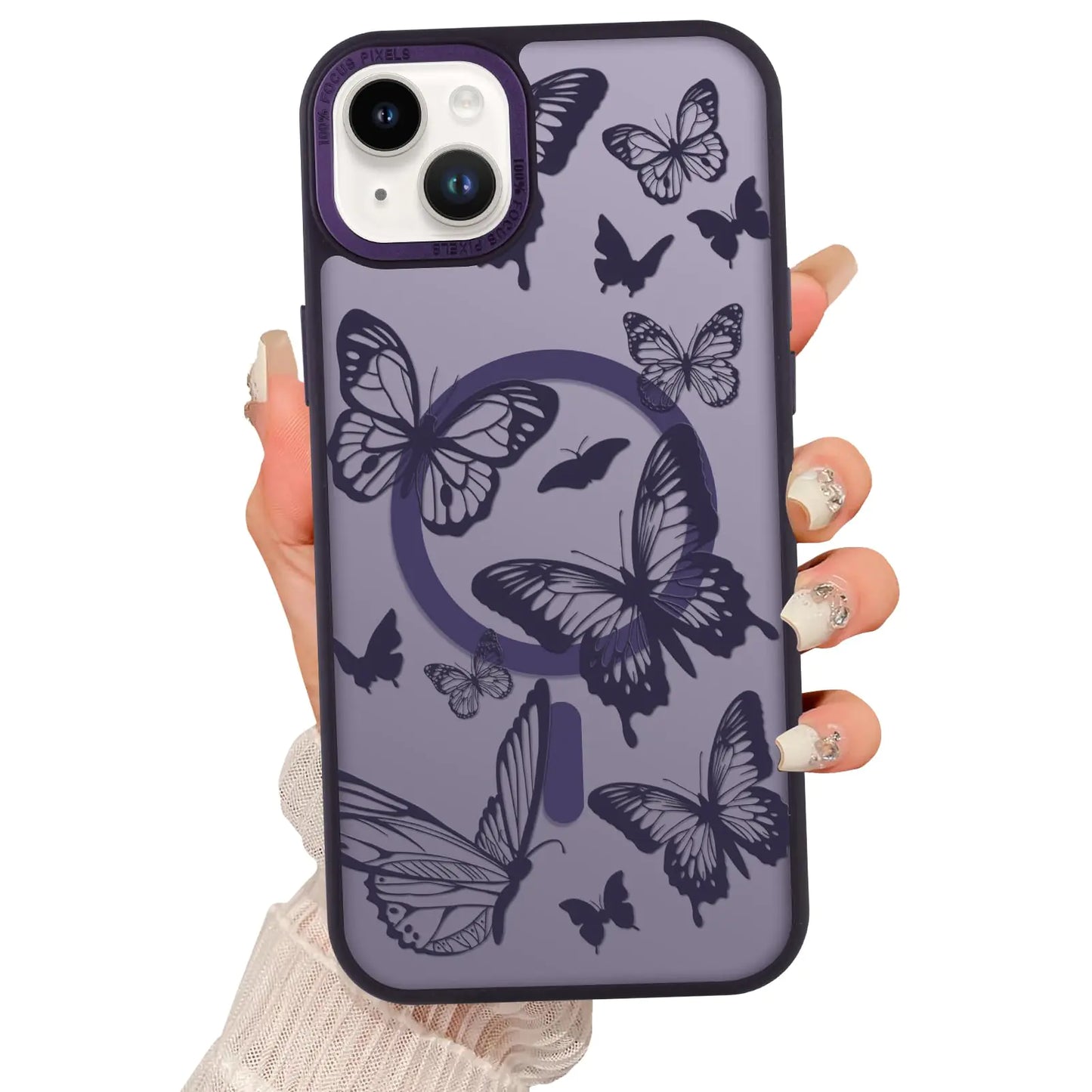 Magnetic for iPhone 14 Pro Max Case [Compatible with MagSafe] Cute Cool Butterfly Print Pattern Design, Slim Bumper Translucent Matte Protective Cover for Women Girls, Hot Pink