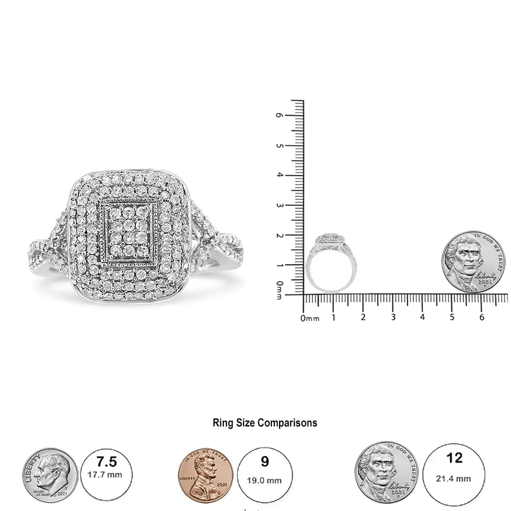 .925 Sterling Silver 1/2 Cttw Round-Cut Diamond Cluster Cushion Ring (I-J , I1-I2) WEM Support (www.WEM.support)