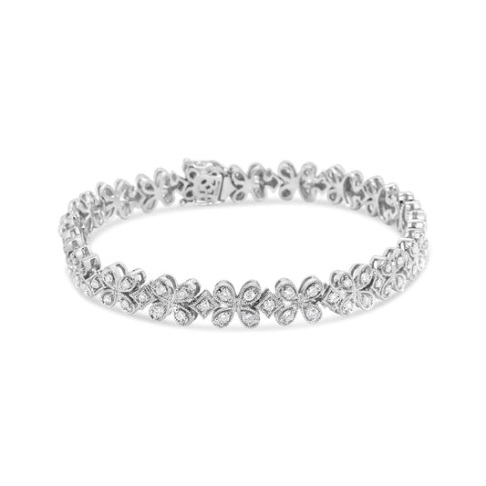 14K White Gold 1 1/2 Cttw Round Diamond Floral Clover-Shaped Link Bracelet (H-I Color, SI1-SI2 Clarity) - Size 7" WEM Support (www.WEM.support)