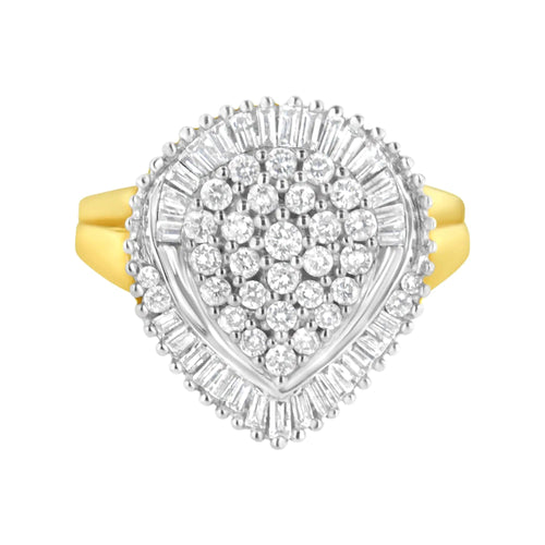 10K Yellow Gold 1.0 Cttw Round and Baguette Cut Diamond Oval Shaped Cluster Ring (I-J Color, I1-I2 Clarity) WEM Support (www.WEM.support)