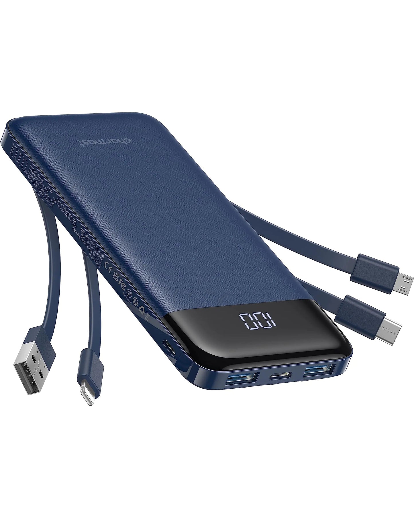 Portable Charger with Built in Cables, Portable Charger with Cords Wires Slim 10000mAh Travel Essentials Battery Pack 6 Outputs 3A High Speed Power Bank for iPhone Samsung Pixel LG Moto iPad HejK.com