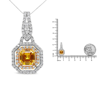 18K White and Yellow Gold 2 3/5 Cttw Lab Grown Yellow Asscher Diamond Double Framed Halo 18" Pendant Necklace (Yellow/G-H Color, VS1-VS2 Clarity) WEM Support (www.WEM.support)