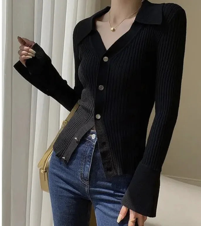 Stylish V-Neck Solid Color Knitted Cardigan WEM Support (www.WEM.support)