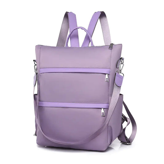 A purple multi-purpose portable shoulder backpack for men and women displayed against a white background.