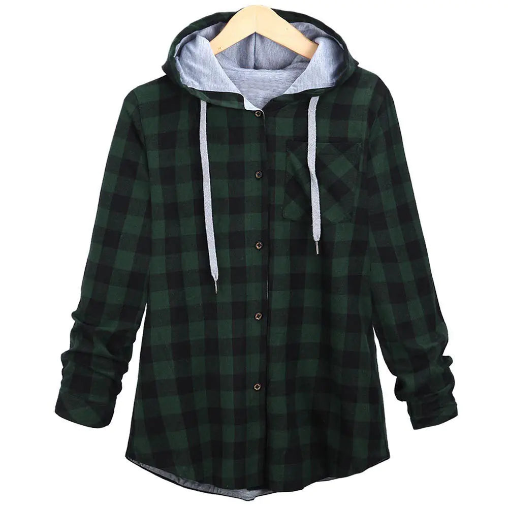 A hooded cardigan with long sleeves, featuring a checkered pattern in green and other colors, displayed on a wooden hanger.