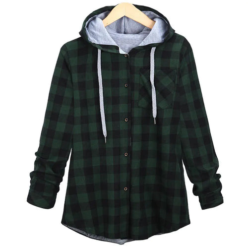 A hooded cardigan with long sleeves, featuring a checkered pattern in green and other colors, displayed on a wooden hanger.