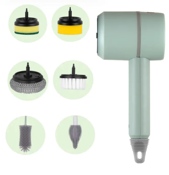 An electric cleaning brush with a white handle and multiple interchangeable brush heads displayed alongside.