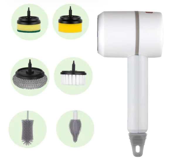 An electric cleaning brush with a white handle and multiple interchangeable brush heads displayed alongside.