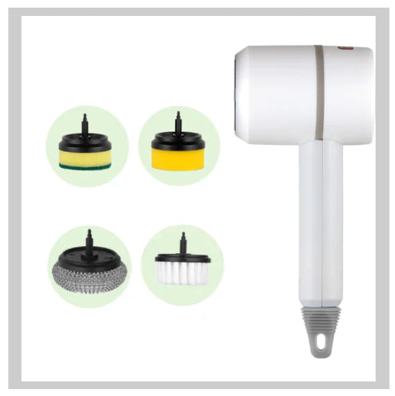 An electric cleaning brush with a white handle and multiple interchangeable brush heads displayed alongside.