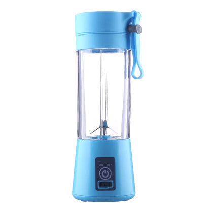 A blue multifunctional fruit mixer with a clear container and a portable design, featuring a power button and a carrying loop.