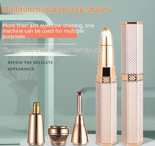 A multifunctional lipstick shaver in a gold color, shown in various states of use including being held, used on skin, and in a standing position.
