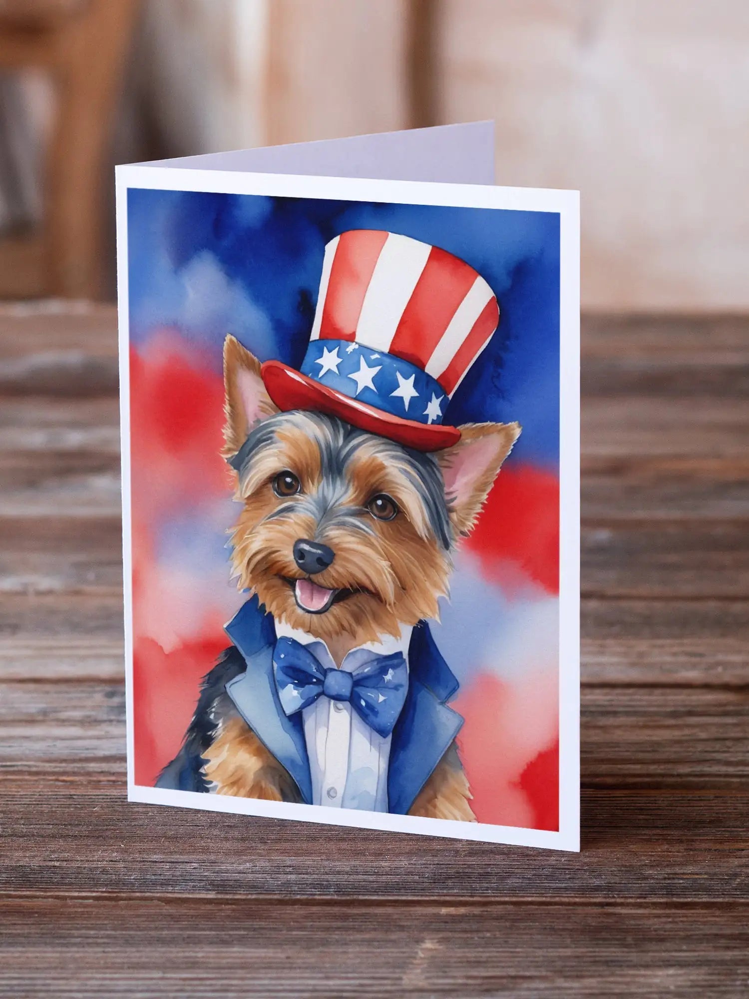 Australian Terrier Patriotic American Greeting Cards Pack of 8 WEM Support (www.WEM.support)