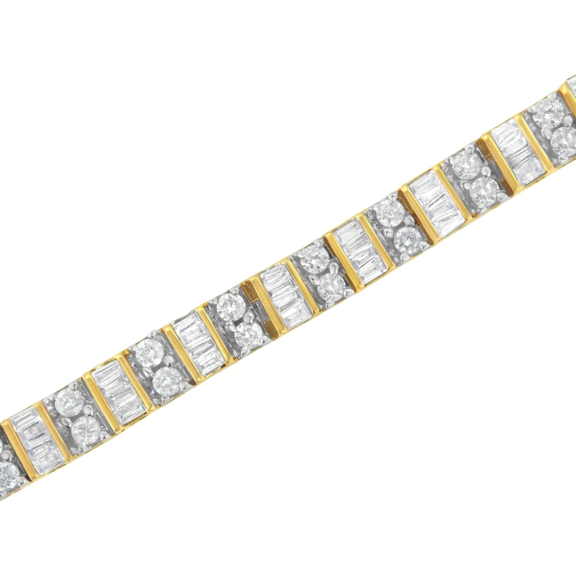 10K Yellow Gold 4.0 Cttw Alternating Baguette & Round Cut Diamond Bezel- & Prong-Set 7" Tennis Bracelet (G-H Color, SI1-SI2 Clarity) WEM Support (www.WEM.support)