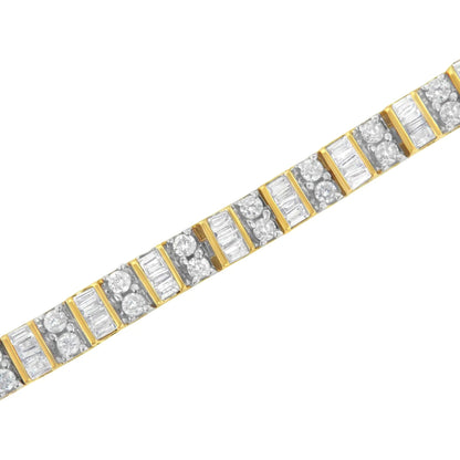 10K Yellow Gold 4.0 Cttw Alternating Baguette & Round Cut Diamond Bezel- & Prong-Set 7" Tennis Bracelet (G-H Color, SI1-SI2 Clarity) WEM Support (www.WEM.support)