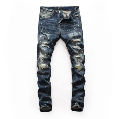 Men's Ripped Patch Jeans Youth Slim Pants Biker Pants Inkjet Personality WEM Support (www.WEM.support)