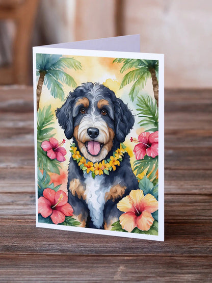 Bernedoodle Luau Greeting Cards Pack of 8 WEM Support (www.WEM.support)