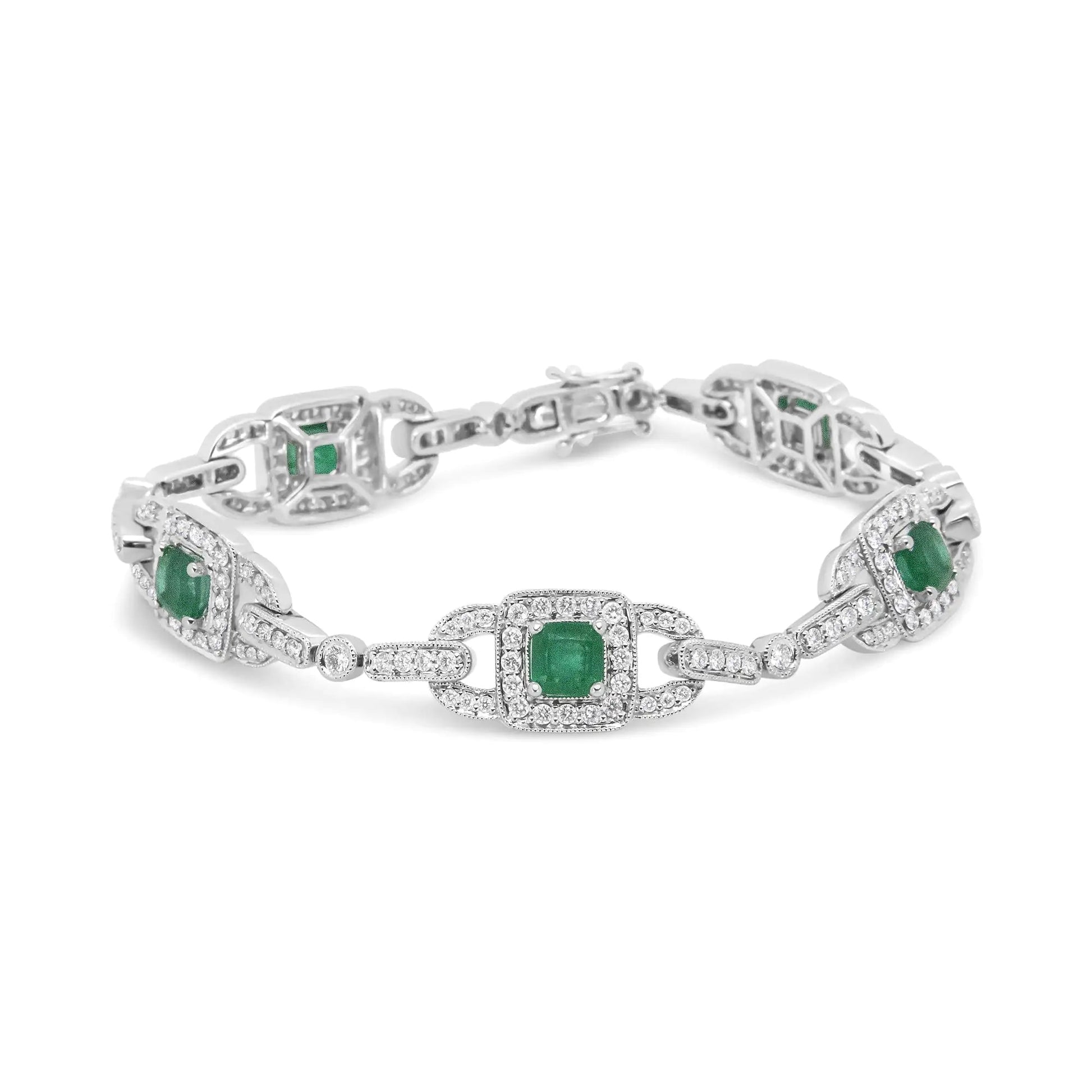 14K White Gold 5mm Emerald Cushion Cut and 2.00 Cttw Round Bezel-Set Diamond Link Bracelet - (H-I Color, VS1-VS2 Clarity) - Size 7" WEM Support (www.WEM.support)