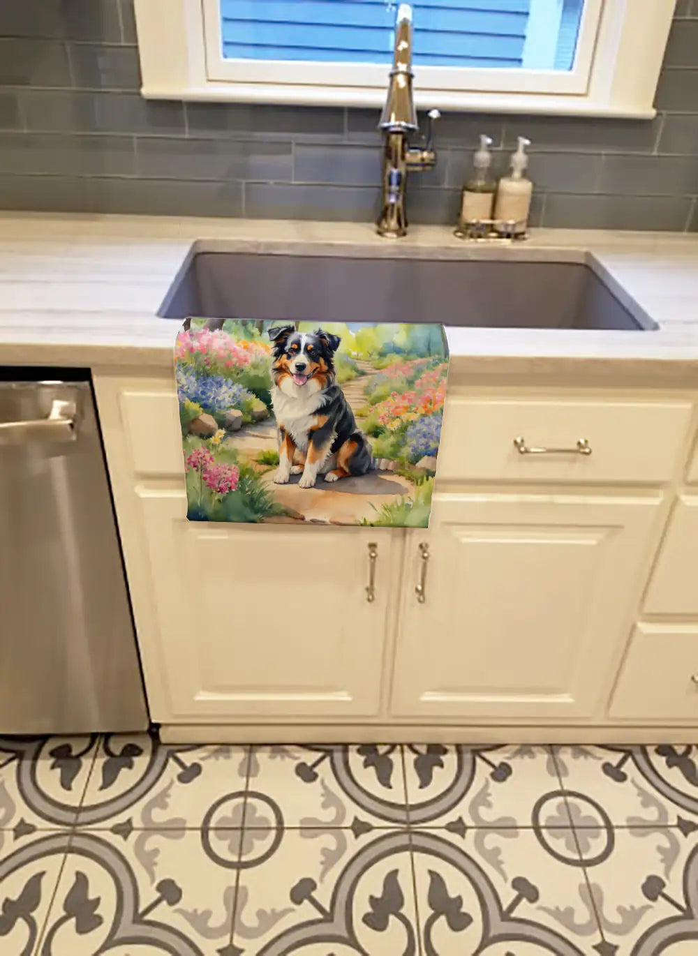 Australian Shepherd Spring Garden Kitchen Towel WEM Support (www.WEM.support)