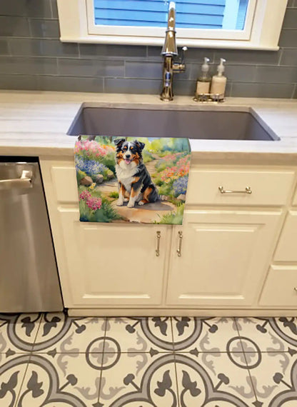 Australian Shepherd Spring Garden Kitchen Towel WEM Support (www.WEM.support)