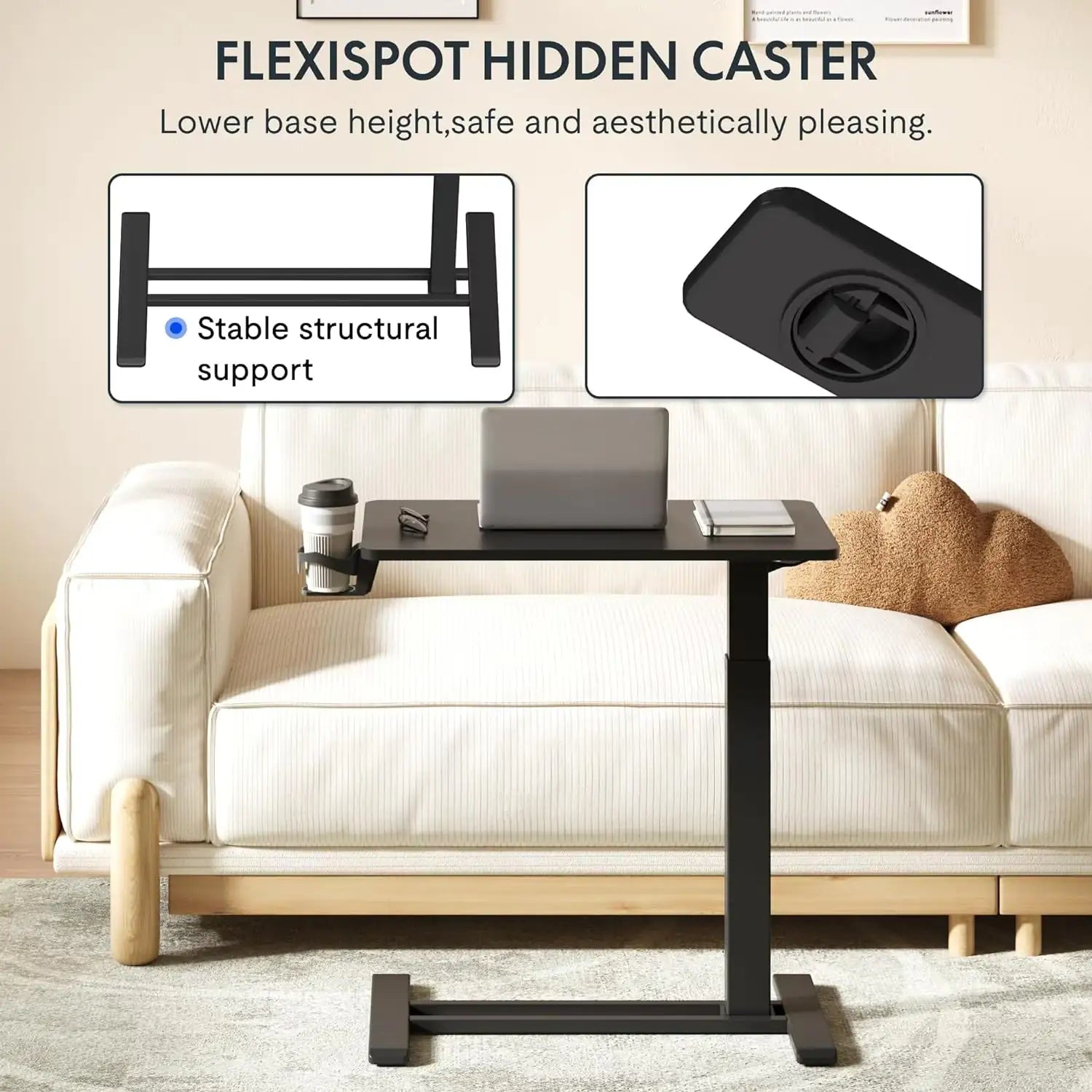 Standing Scroll Table With Hidden Wheels Side Table  Height-adjustable Bed Table Laptop Table WEM Support (www.WEM.support)