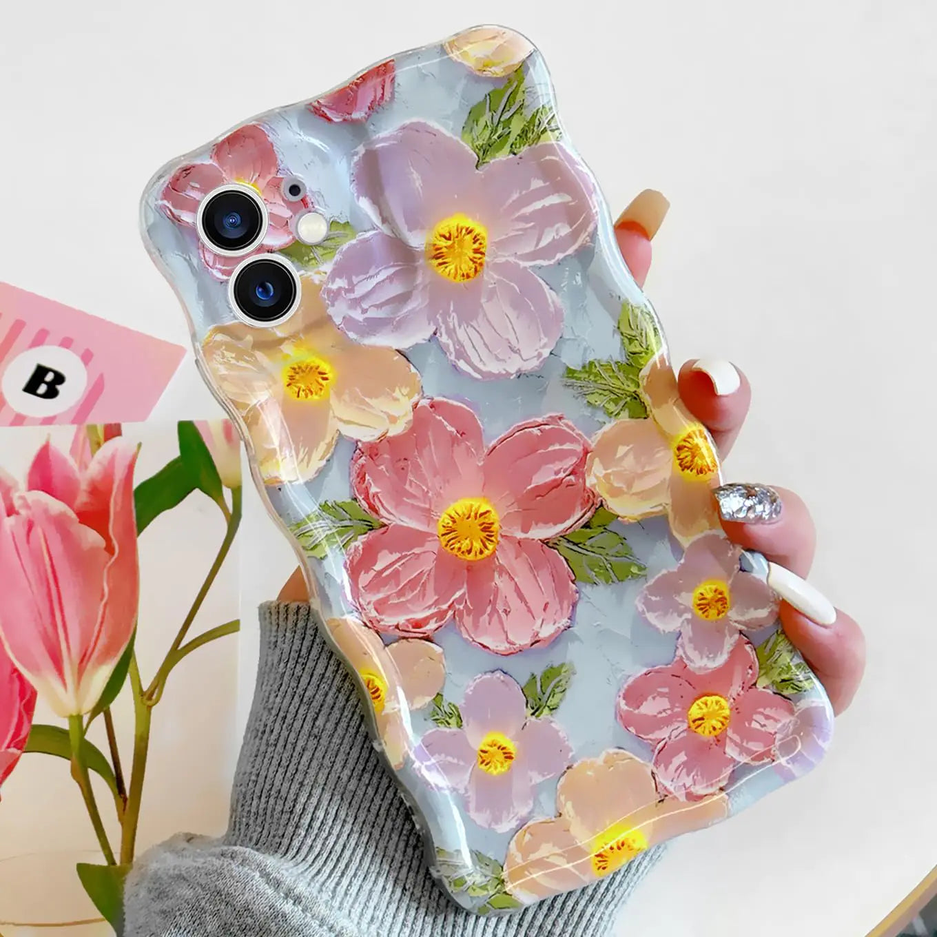 Floral Case for iPhone 13, Curly Wave Frame Flower Phone Case for Girls Women Soft Protective Cover for iPhone 13 6.1 inch HejK.com