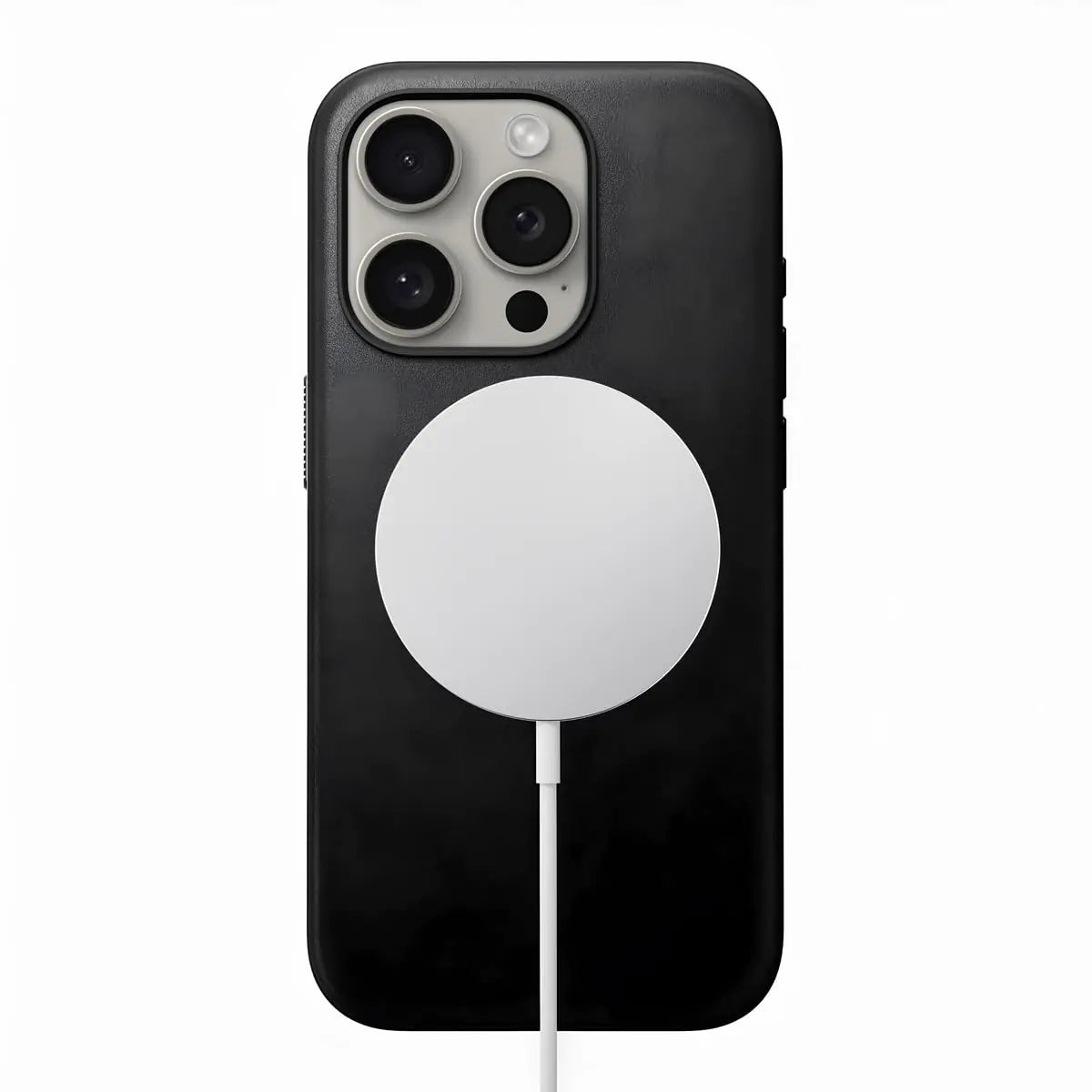 Black leather smartphone case with a circular cutout on the back for a magnetic charging accessory, compatible with iPhone 16 Pro.