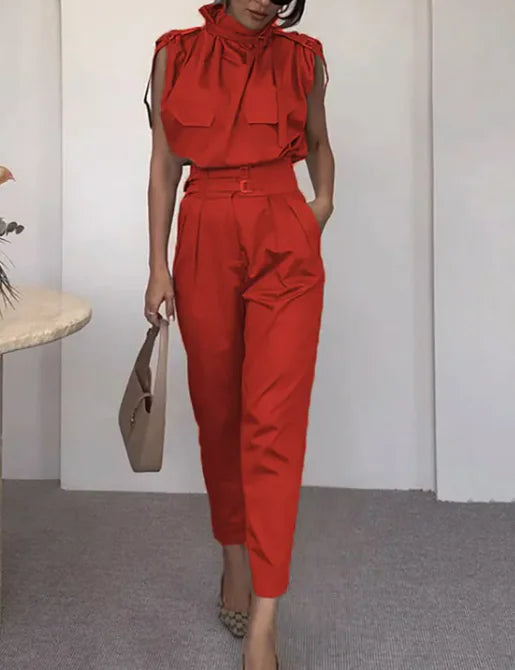 Waist-Slimming Belt Blouse & Pants