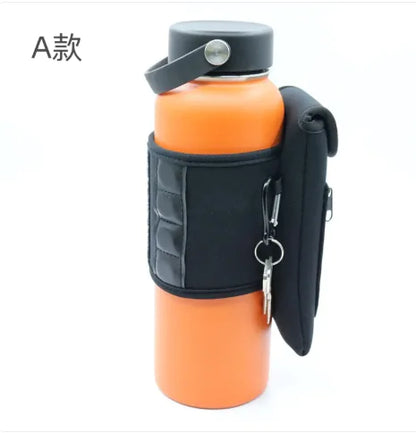An orange water bottle with a black neoprene printed magnet cup cover attached to it, displayed against a white background.