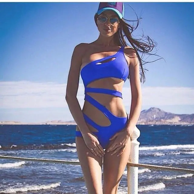 Sexy Einteiliger Badeanzug mit schräger Schulter WEM Support (www.WEM.support)