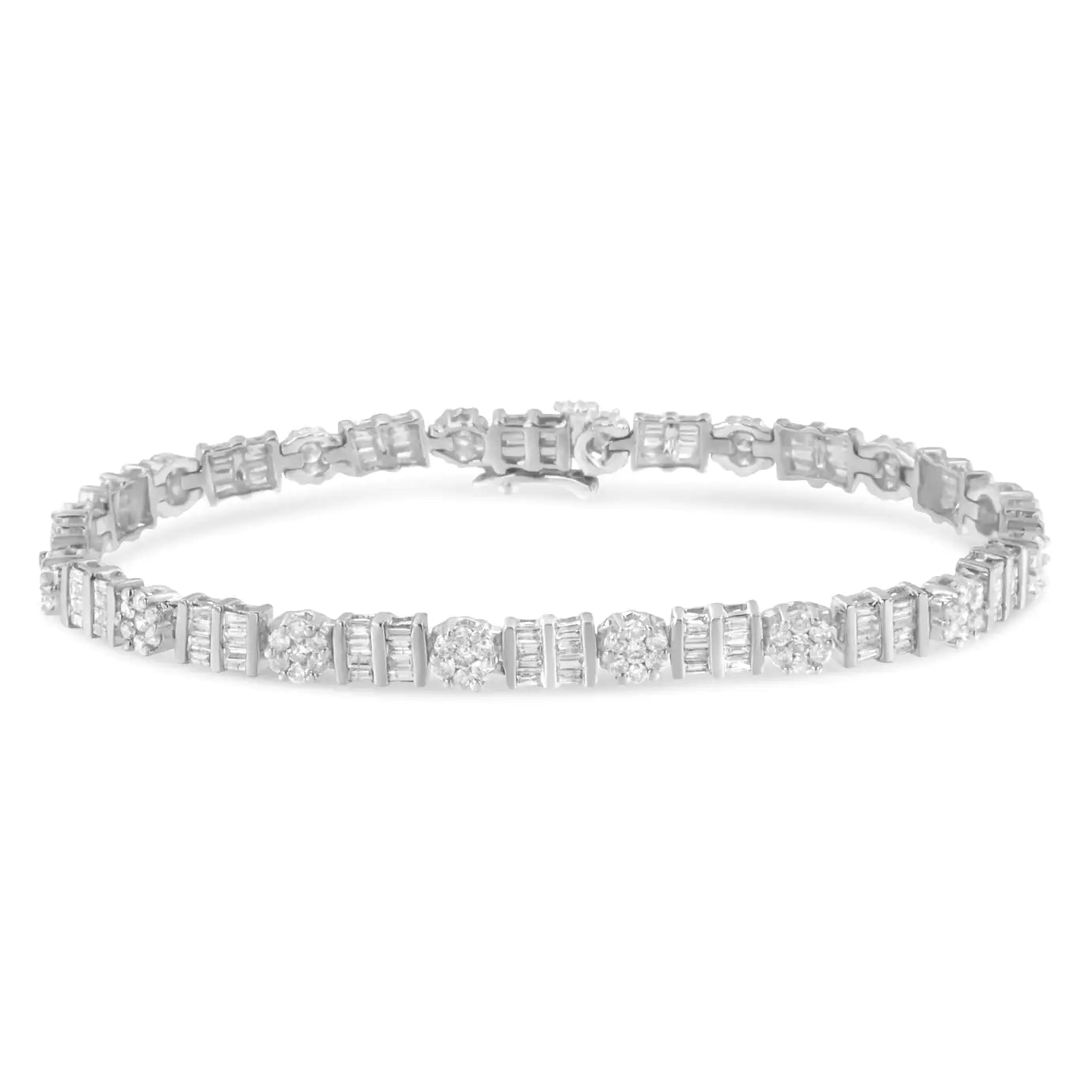 14K Gold 3-3/8 Cttw Round & Baguette-Cut Diamond Cluster Alternating Station 7" Tennis Bracelet (H-I Color, I1-I2 Clarity) WEM Support (www.WEM.support)