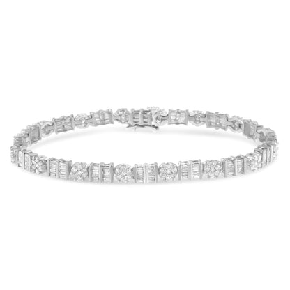 14K Gold 3-3/8 Cttw Round & Baguette-Cut Diamond Cluster Alternating Station 7" Tennis Bracelet (H-I Color, I1-I2 Clarity) WEM Support (www.WEM.support)