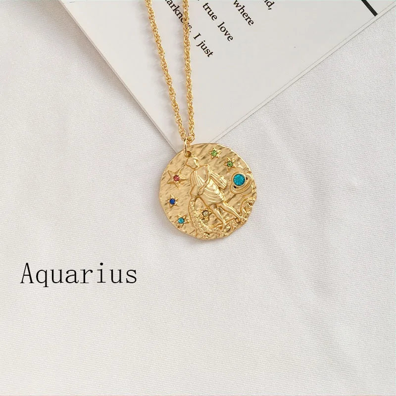 Gold Coin Disk Pendant Zodiac Necklace WEM Support (www.WEM.support)