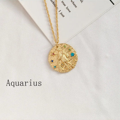 Gold Coin Disk Pendant Zodiac Necklace WEM Support (www.WEM.support)