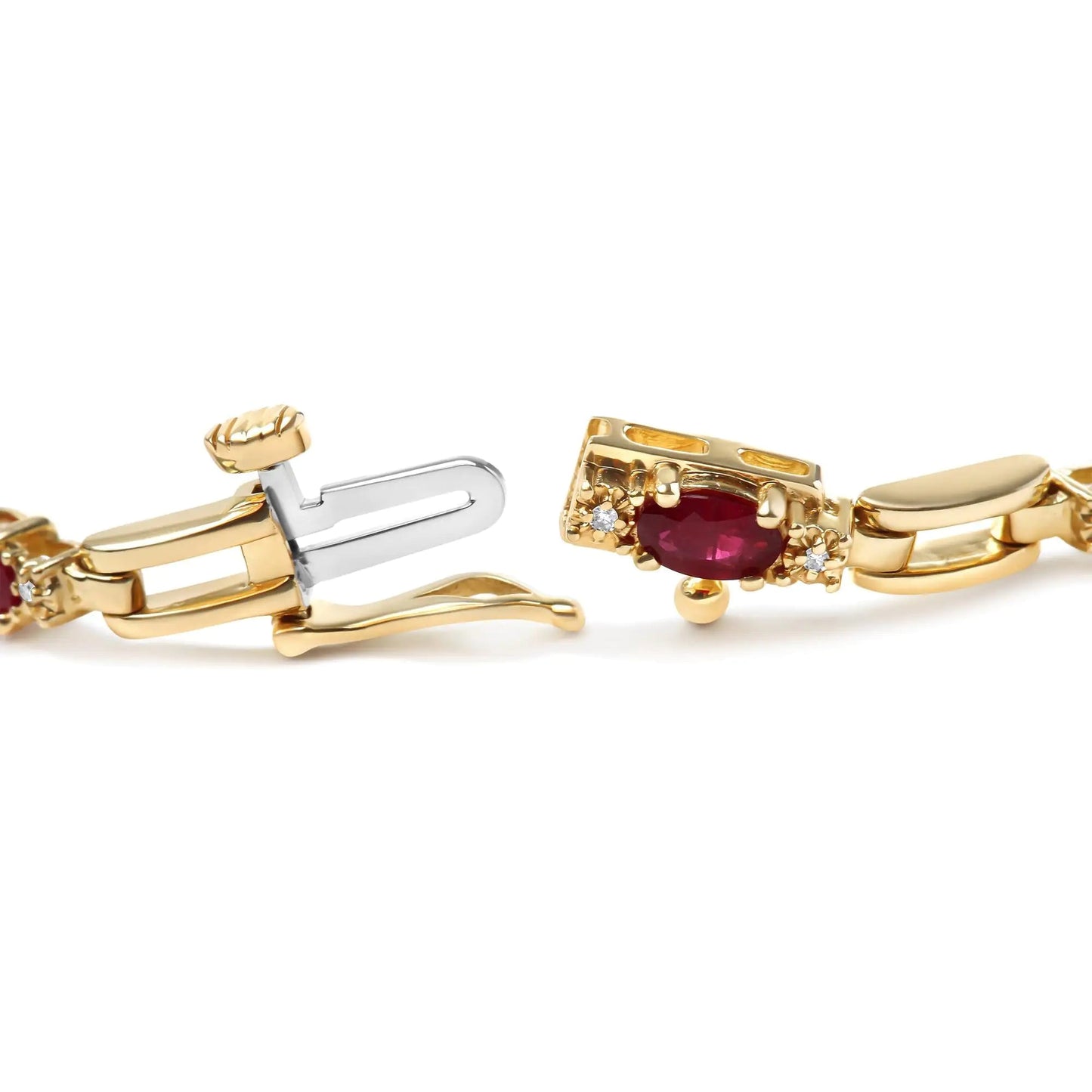 10K Yellow Gold Oval Ruby and 1/10 Cttw Diamond Bar Prong Set Bracelet (H-I Color, SI1-SI2 Clarity)  - Size 7" WEM Support (www.WEM.support)