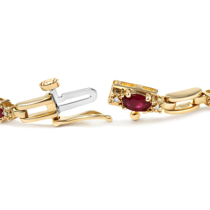 10K Yellow Gold Oval Ruby and 1/10 Cttw Diamond Bar Prong Set Bracelet (H-I Color, SI1-SI2 Clarity)  - Size 7" WEM Support (www.WEM.support)