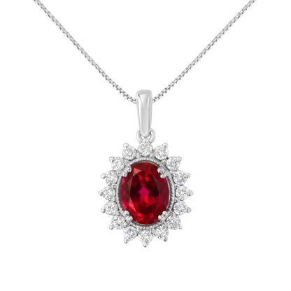 10K White Gold Created 9MM Ruby Gemstone and Natural Diamond Pendant Necklace (H-I Color, I1-I2 Clarity) WEM Support (www.WEM.support)