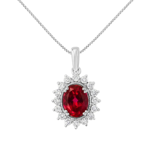 10K White Gold Created 9MM Ruby Gemstone and Natural Diamond Pendant Necklace (H-I Color, I1-I2 Clarity) WEM Support (www.WEM.support)